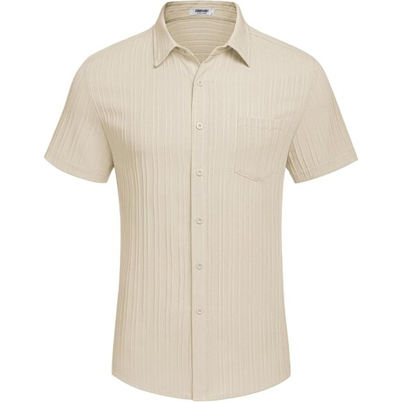 Men's Tan Short Sleeve Knit Shirt Casual Button Down Shirt Vintage Beach Tops - Picture 4 of 7